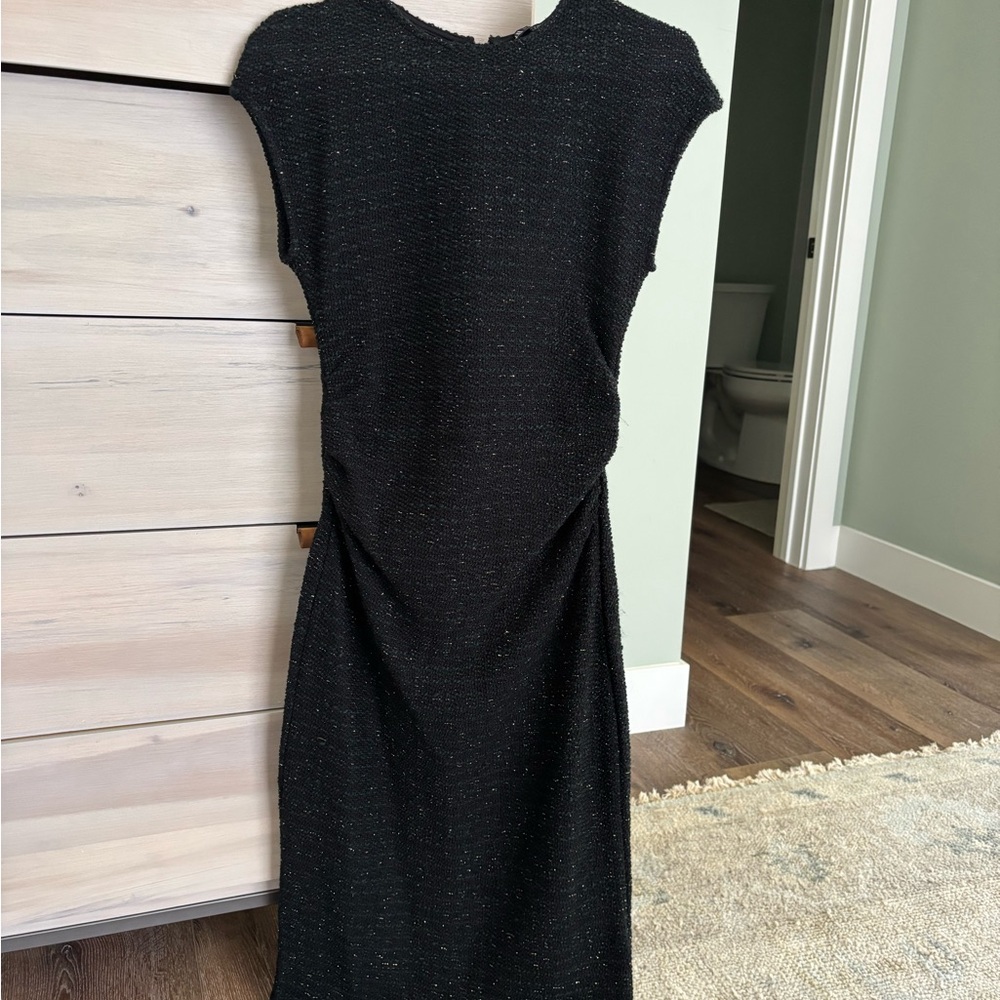 Zara Black Ruched Sheath Midi Dress Black and Gold